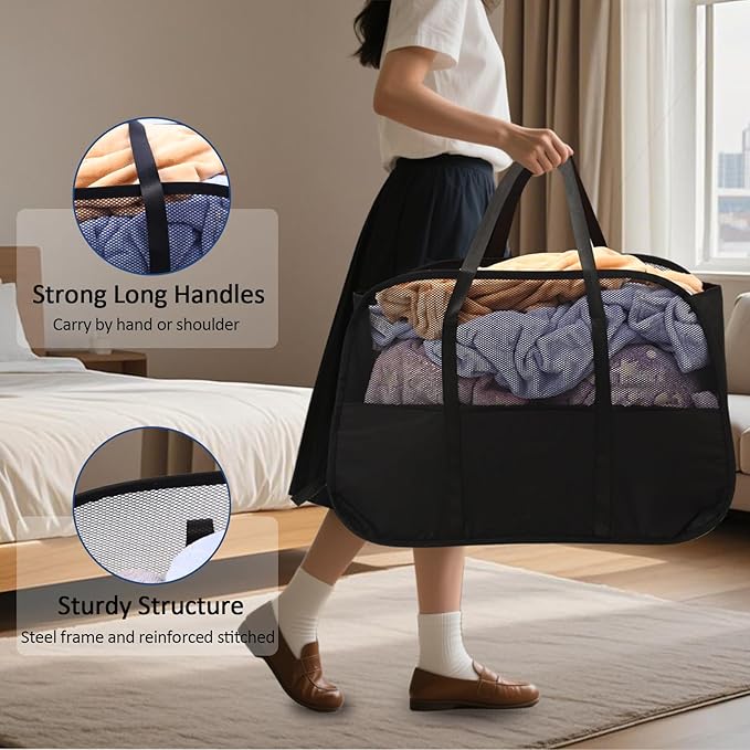 Collapsible Laundry Baskets, 95L Laundry Hamper, Foldable Clothes Hamper with Shoulder Strap for Bedroom, Dorm, Apartment - Durable Tear-Resistant Storage Basket for Laundry, Kids Room (2 Pack, Black)