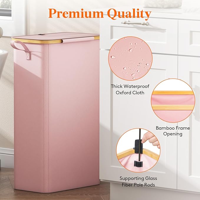Lifewit 75L Slim Laundry Hamper with Lid, Narrow Laundry Basket with Removable Bag & Bamboo Handles, Fodable Thin Dirty Clothes Hamper for Laundry Collapsible Bin for Bathroom Bedroom Dorm, Pink