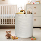 Large White Laundry Basket, 15"x18" Tall Blanket Storage Living Room, XL Cotton Rope Toy Bin for Organizing, Wicker Woven Baby Nursery Laundry Hamper with Handle, White Room Decor Aesthetic
