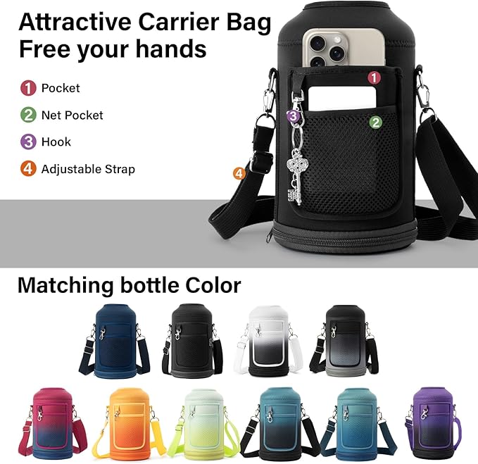 1 Gallon Water Bottle Insulated | Thickened Stainless Steel Vacuum Metal Water Jug | Portable Sports Large for Gym and Hiking with Straw, Carrier Bag, Handle Strap | BPA-Free 128 oz
