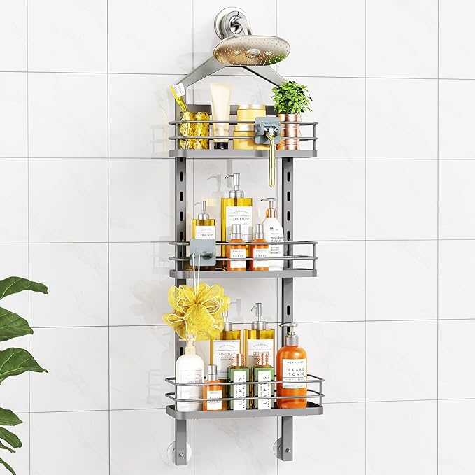 ODesign 3 Tier Height-Adjustable Shower Caddy Hanging Anti-Swing-Over The Shower Head Caddy-Showe r Storage Organizer Bathroom Shelves Basket Caddies-Grey