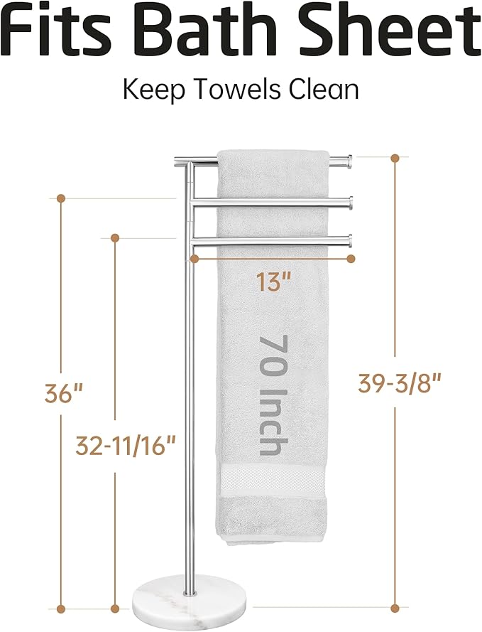 KES Free Standing Towel Racks for Bathroom, 3 Swivel Bars 40-Inch Bath Towel Rack Stand with Weighted Marble Base, Premium 18/8 Stainless Steel Polished Finish, BTH219