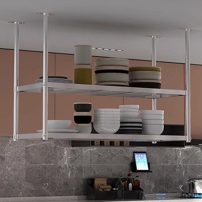 XPLKQXE Stainless Steel Ceiling Shelf, Hanging Industrial Ceiling Mount Storage Rack, Kitchen Wall Mounted Plant Stand/Wall Decor for Bar Cafe Kitchen(Silver-2lay,120x40x120cm)