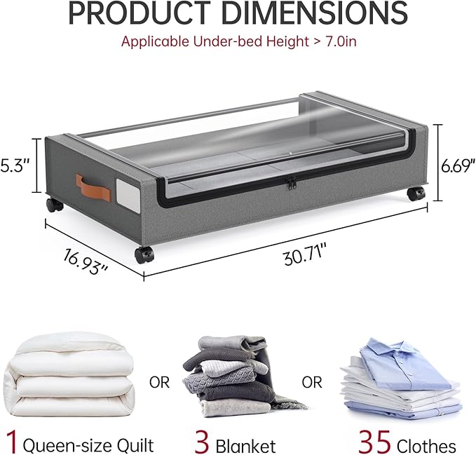 Yecaye 4 Pack Under Bed Storage with Wheels, Under Bed Storage Containers with Lids, Large Under Bed Rolling Storage with Clear Window & Label, Rolling Drawers for Clothes, Blankets, Books
