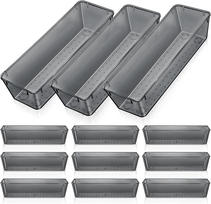 Maitys 12 Pcs Clear Drawer Organizer 9 x 3 x 2 Inches Plastic Rectangle Trays Makeup Vanity Storage Bins and Kitchen Drawers Dividers for Office Desk Silverware Kitchen Utensils(Black)