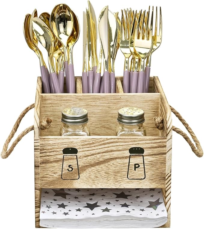 Ikee Design Wooden Utensil Caddy Flatware Holder with Handles - Utensil Holder for Dining Room, Restaurant and Kitchen, Oak Color, 7.13”W x 6.63”D x 7.5”H