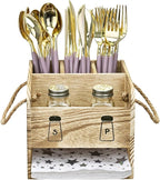 Ikee Design Wooden Utensil Caddy Flatware Holder with Handles - Utensil Holder for Dining Room, Restaurant and Kitchen, Oak Color, 7.13”W x 6.63”D x 7.5”H