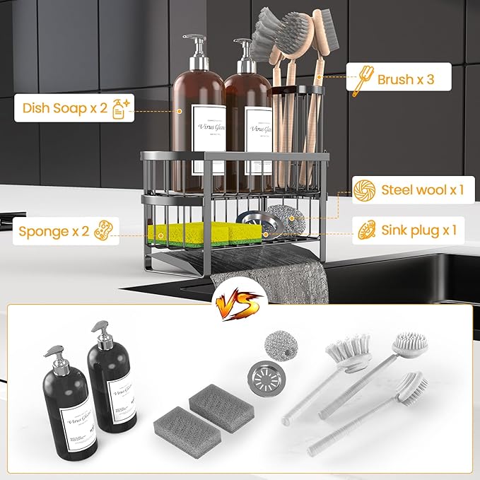 Kitchen Sink Organizer Caddy, 2 Tier Sink Caddy Organizer with High Brush Holder, Rust-Proof Countertop Rack (Black 10.6 * 4.3 * 5.7") for Kitchen Accessories & Dish Brushes
