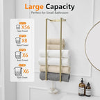 BWE Brushed Gold Towel Racks for Bathroom, 28" Stainless Steel Bathroom Towel Holder for Rolled Towels, Wall Mounted Towel Storage for Bathroom with 2 Hooks, 6 Large Bath Towels Capacity