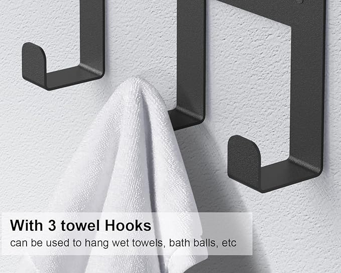 Towel Racks for Bathroom, Towel Rack with Shelf and 3 Hooks, Towel Storage Holders Wall for Rolled Bath Towels, Black