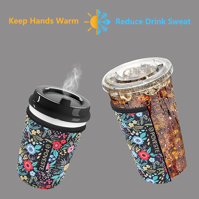 Reusable Neoprene Insulator Sleeve for Iced Coffee & Cold Soda, Coffee Sleeves for Iced & Hot Drinks, Cold Beverage Cooler Compatible with Starbucks, Dunkin (Garden Alike, Small: 16-18oz)