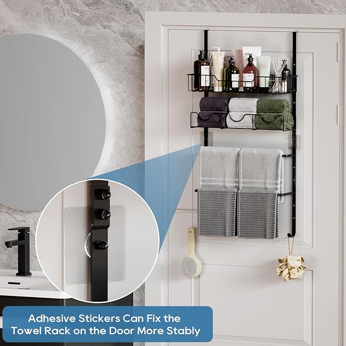 4 Tiers Towel Racks for Bathroom Door, Adjustable Bathroom Towel Holder with Storage Basket, Towel Storage for Bathroom Over The Door Towel Bar for Bathroom