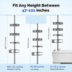 HAMITOR Corner Shower Caddy Tension Pole: Quick Installation 4-Tier Rustproof Bathroom Organizer Shelves for Bathtub Shampoo Storage - 47-121 inch Adjustable Floor Standing Bath Rack Holder - Black