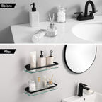 KES Bathroom Glass Shelf, Glass Floating Shelves Aluminum Black Extra Thick Tempered Rectangular 1 Tier Basket Wall Mounted, 2 Pack, A4126A-BK-P2