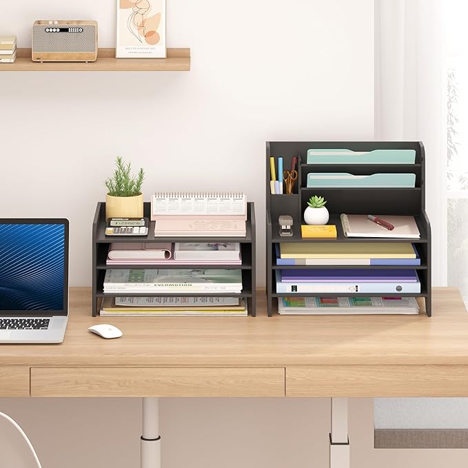 Bamboo Desk Organizer Mail Holder Countertop Letter Tray File Desktop Mail Holder Countertop Organizer for Desktop Letter Sorter Paper File Storage for School Home Office Supplies