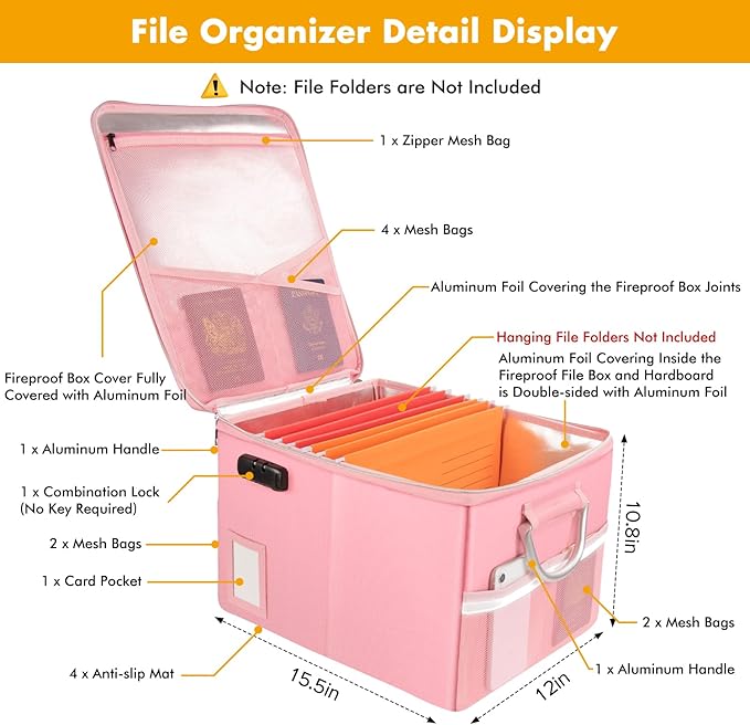 TOMKID 5200°F Fireproof Document Box, Fire Important Document Organizer with Lock, Upgraded Heat Insulated Filing Storage Cabinet Office Organization (5200°F Fireproof Box, Pink)