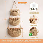 Hanging Fruit Basket, 3 Tier Over the Door Organizer, Handmade Woven Jute Wall Baskets for Organizing, BOHO Decor, Storage for Kitchen, Living & Bathroom Bedroom.