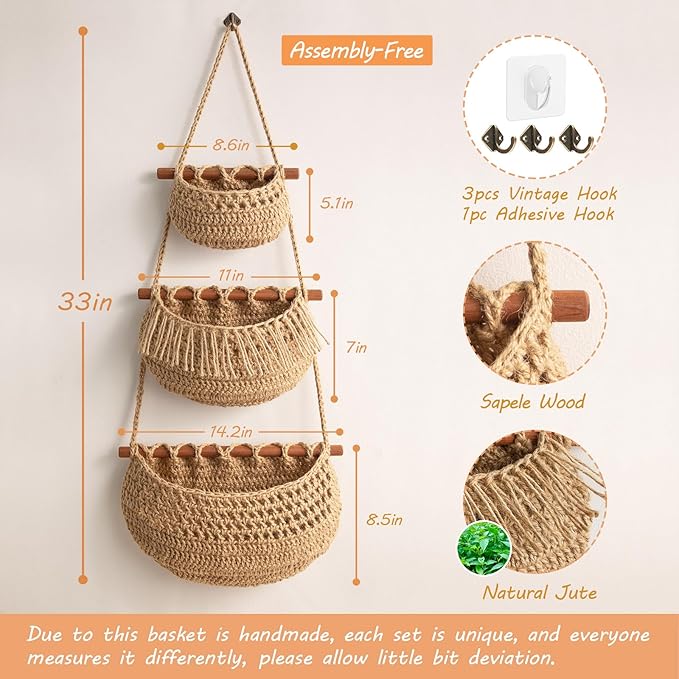 Hanging Fruit Basket, 3 Tier Over the Door Organizer, Handmade Woven Jute Wall Baskets for Organizing, BOHO Decor, Storage for Kitchen, Living & Bathroom Bedroom.