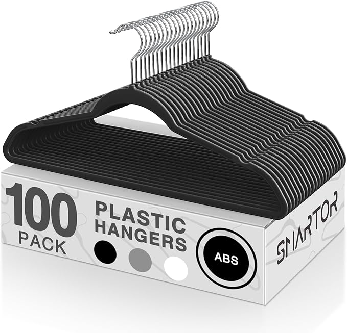 SMARTOR Heavy Duty Hangers 100 Pack, Premium Plastic Hangers for Clothes - Heavy Duty Non-Velvet Hanger with 360° Swivel Chrome Hook & Non Slip Notches - As Dress, Coats, Shirt, Jacket Hanger - Black