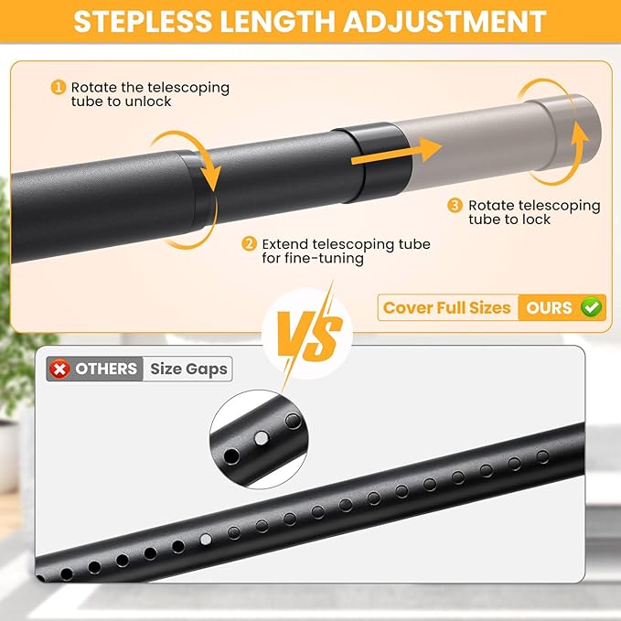 Closet Rods for Hanging Clothes, 17-69 Inch No-Cut Stepless Adjustable Closet Rod, 1.3 Inch Heavy Duty Metal Closet Hanging Rod with Brackets, Matte Black Closet Bar for Closet, Laundry Room, RV