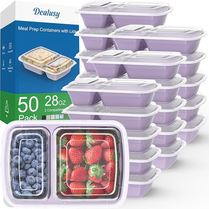 50 Pack (100-Piece) 28 oz Meal Prep Containers Reusable with Lids 2-Compartment, Sturdy Leakproof Food Safe, Microwave Freezer Dishwasher Safe, To Go Take Out Plastic Food Storage, Lilac