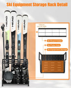 Ski Storage Rack for Garage - Freestanding Ski Holders for 4 Pairs of Skis, Ski Boot, Ski Poles, Goggles, Helmet and More, Heavy Duty Steel Floor Stand Ski Organizer for Garage Basement