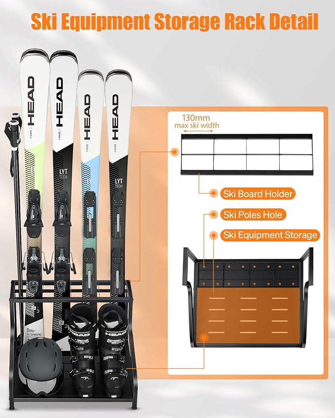 Ski Storage Rack for Garage - Freestanding Ski Holders for 4 Pairs of Skis, Ski Boot, Ski Poles, Goggles, Helmet and More, Heavy Duty Steel Floor Stand Ski Organizer for Garage Basement