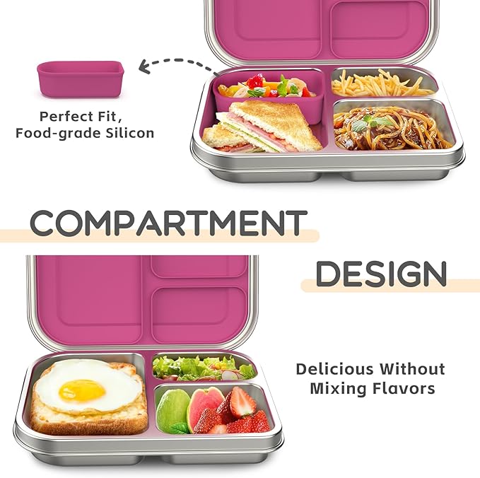 Stainless Steel Kids Leak-Resistant Bento Lunch Box, 3-Compartments with Silicone Container, Dishwasher-Safe, Child-Friendly Design for School, Picnics & Travel,BPA-Free(Pink)