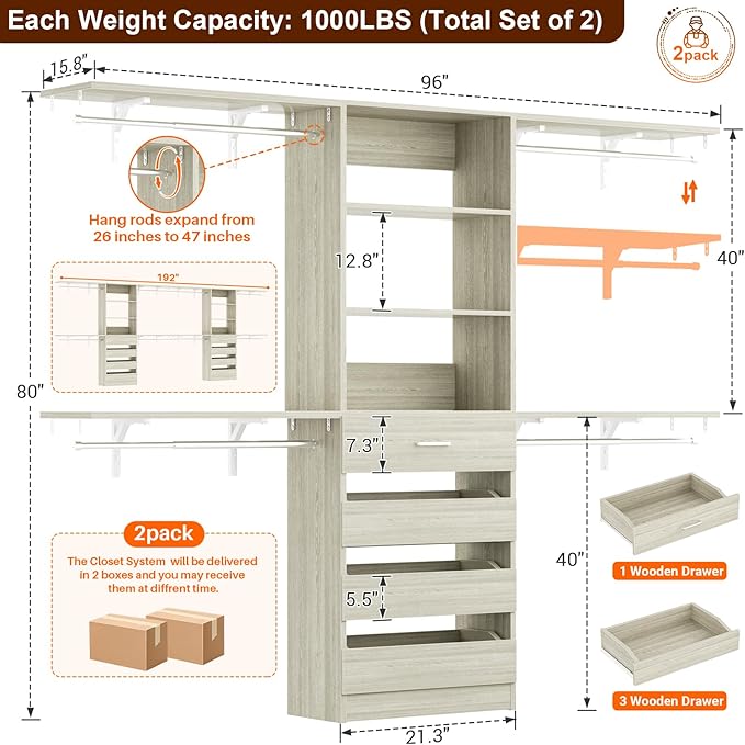 Aheaplus Closet System with Drawers Set of 2, Wood Closet Organizer System with 8 Hanging Rods & Top Shelves, Walk-in Closets Organizer Wardrobe Clothes Rack, Cut Fits Spaces 4-9FT. Wide, White Oak
