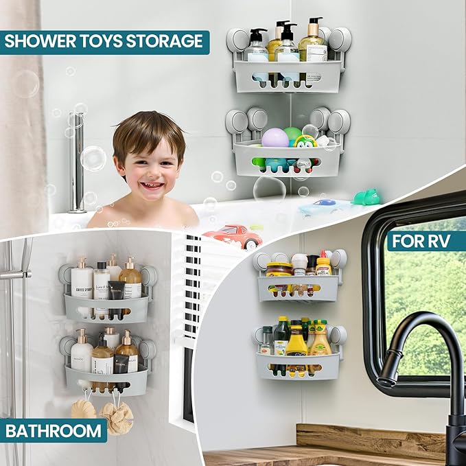 TAILI Corner Shower Caddy with Suction Cups, Wall Mounted Organizer Plastic Rack for Small Bathrooms, Kitchen, Removable Drill-Free Heavy Duty Shelf Basket, Grey