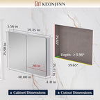 Keonjinn 40 x 26 Inch Medicine Cabinet, Assembly Required, Silver Bathroom Medicine Cabinets Mirror, Lightweight, Adjustable Shelves, Surface Mount or Recessed, Tempered Glass