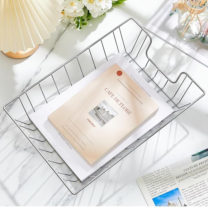 Yeaqee 6 Pcs Letter Tray Wire Paper Trays Stackable File Desk Organizer Metal File Paper Holder Basket for Desk Desktop Letter Storage for Office Home Classroom School(14'' x 10'' x 3'',Silver)
