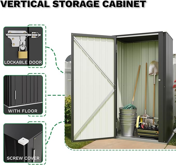 Patiowell 22 Cuft Outdoor Storage Cabinet, Metal Storage Shed with Lockable Door, Indoor Outdoor Vertical Waterproof Tool Shed Without Adjustable Shelves for Patio Garden Backyard, Black