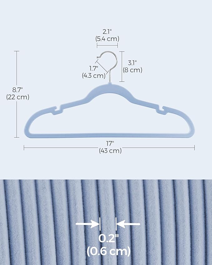 SONGMICS Velvet Hangers 50 Pack, Non-Slip Clothes Hangers, Suit Hangers with Shoulder Notches, Pants Bar, 360° Swivel Hook, Space-Saving, for Closet, Pale Blue UCRF029Q05