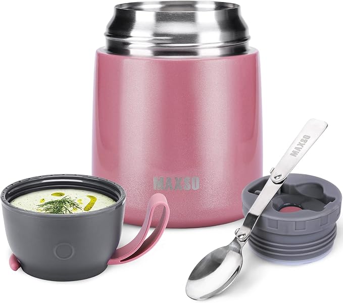 MAXSO Soup Thermo for Hot & Cold Food for Adults Kids, 17 oz Vacuum Insulated Steel Lunch Container Bento Box with Spoon, Leakproof Thermal Food Jar for School Office Travel - Pink