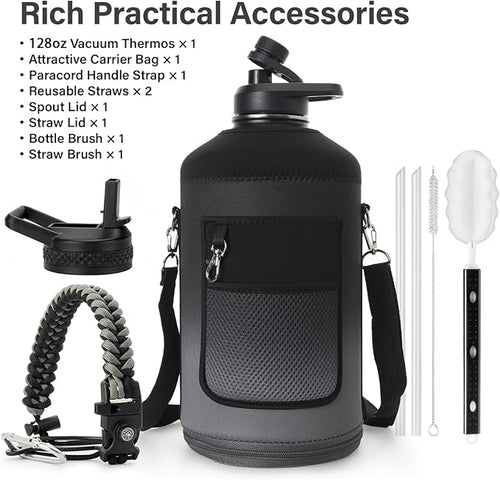1 Gallon Water Bottle Insulated | Thickened Stainless Steel Vacuum Metal Water Jug | Portable Sports Large for Gym and Hiking with Straw, Carrier Bag, Handle Strap | BPA-Free 128 oz