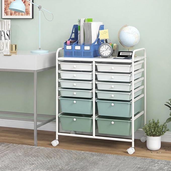 Giantex 12 Drawers Rolling Storage Cart, Classroom Organizers with Wheels for Tools Scrapbook Craft Paper Teacher Office School Supplies, Green Gradient