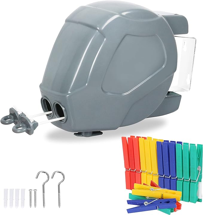 Retractable Clothesline Heavy Duty Retracting Clothes Line Outdoor and Indoor with Durable ABS Shell and 2x49 Feet Extruded PVC Line,with Lock to Prevent Sagging