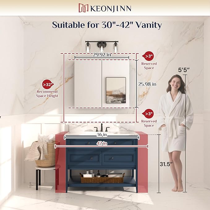 Keonjinn 30 x 26 Inch White Medicine Cabinet Mirror, Assembly Needed, in Wall Medicine Cabinets for Bathroom, Lightweight, Adjustable Shelves, Tempered Glass, Soft Closing, Recessed or Wall Mount