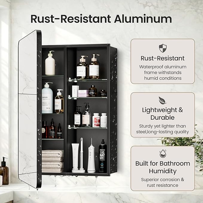 Medicine Cabinet 20x26 Inch, Black Aluminum Bathroom Mirror Cabinet with Storage, 6 Adjustable Glass Shelves, Rust Proof, Recessed or Surface Mount Wall Cabinet, Soft Close Hinge