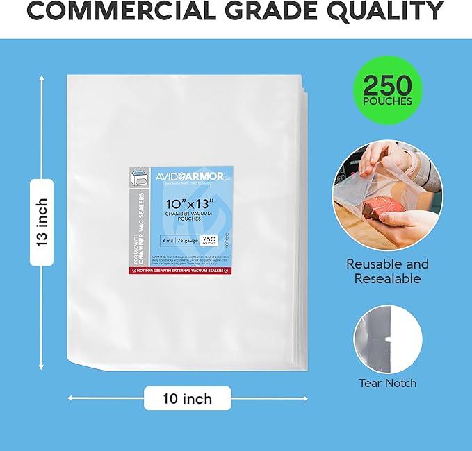 Avid Armor Chamber Vacuum Sealer Bags – Heavy Duty, BPA-Free, Pre-Cut Chamber Vacuum Bags for Food Preservation, Freezer Storage, Sous Vide and more, 250/Pack (10x13) – Multi-Use Vacuum Bags