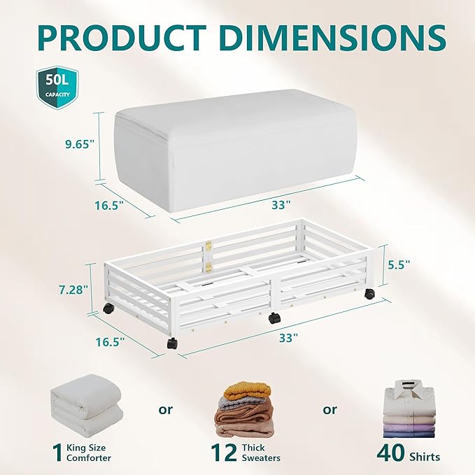 Bamboo Under Bed Storage Containers- Underbed Organizer with Wheels with Large Capacity Dust Bag,Sturdy Wood Rolling Under Bed Shoe Storage Organizer 2 Packs (White, 2 Packs (33.07"×16.54"))