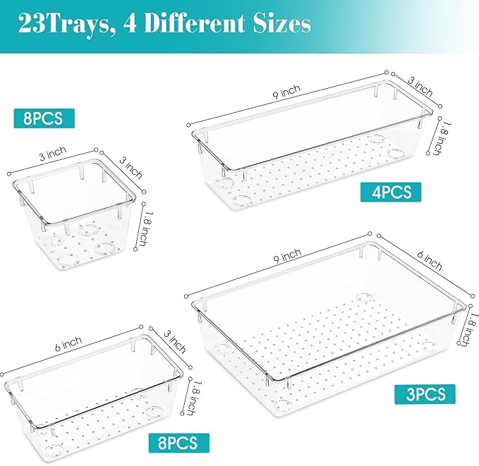 23 PCS Clear Plastic Drawer Organizers Set, 4 Size Desk Drawer Organizer Trays for Makeup, Jewelry, Kitchen Utensils, Gadgets and Office Accessories