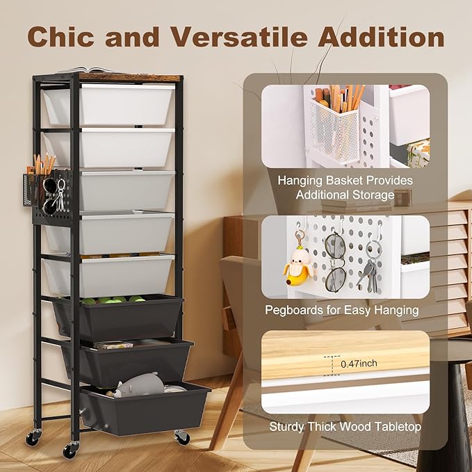 Rolling Cart with Drawers, Rolling Storage Cart with Large Plastic Drawers & Wooden Tabletop, Utility Cart with Pegboards & Basket, Storage Drawers Cart for Living Room, Classroom, Bedroom, Office