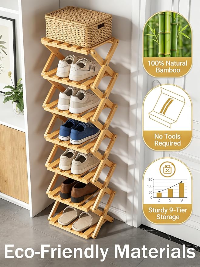 The 9-Tier No-Assembly Bamboo Rack, New Upgrade 9 Tier Bamboo Shoe Rack, Space-Saving Tall Narrow Accordion Shoe Rack for Entryway Closet Dorm (Brown-4)