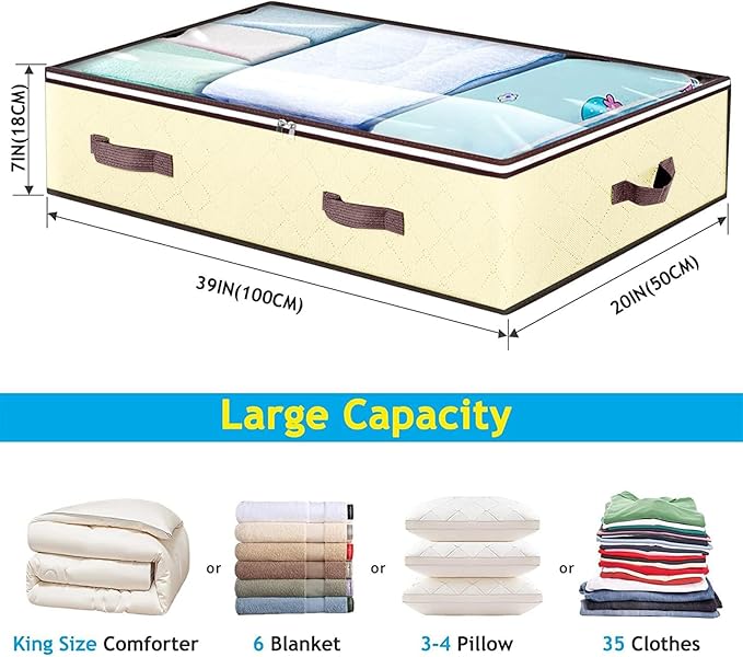 Budding Joy 6 Pack 90L Under bed Storage Containers Organizer Large Capacity Underbed Clothes Storage Bins Organization and Storage Bedroom Foldable Storage Bags with Clear Window Beige