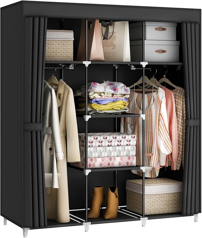 Portable Closet Wardrobe, 51-Inch Clothes Organizer with 2 Hanging Rods and 8 Shelves, Non-Woven Fabric Cover, Medium Capacity Storage for Bedroom and Living Room, Black