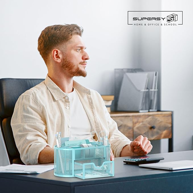SUPEASY Mesh Desk Organizer, Desk Accessories & Workspace Organizers with Drawers, Pencil Holder for Desk with 9 Compartments for Office Suppliess, 8.6 x 4.3 x 4.1 Inch, Blue