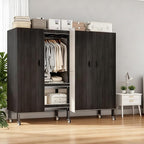 Heavy Duty Portable Closet with Cover Magnetic Doors, Metal Rolling Clothes Rack Heavy Duty 1500LBS, Foldable Clothing Rack, Garment Racks for Bedroom/ LivingRoom/ Rental (KT Woodgrain Black, 59.05in)