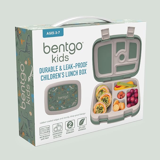 Bentgo Kids Prints Leak-Proof, 5-Compartment Bento-Style Kids Lunch Box - Ideal Portion Sizes for Ages 3-7, Durable, Drop-Proof, Dishwasher Safe, & PFAS & BPA-Free Materials (Dino Fossils)